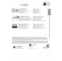 Verpackungsrückseite der Tulipa Kaufmanniana Showwinner mit Hinweisen zu Sonne, Bewässerung und Pflanzgefäßen