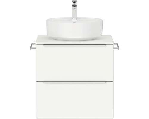 Badmöbel-Set NOBILIA Programm 3 BxHxT 61 x 59,1 x 48,7 cm Frontfarbe weiß matt mit Aufsatz-Waschtisch Griffleiste chrom matt 320 Waschtisch mit Aufsatzwaschbecken und zwei Schubladen