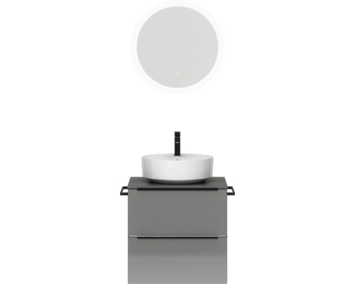 Set de meubles de salle de bains NOBILIA Programm 3 lxhxp 61 x 169,1 x 48,7 cm couleur de façade gris haute brillance avec vasque à poser blanc et miroir rond avec éclairage LED barre de prise noire 349