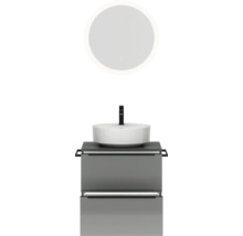 Ensemble de meuble-lavabo avec miroir rond, vasque à poser et meuble bas avec deux tiroirs