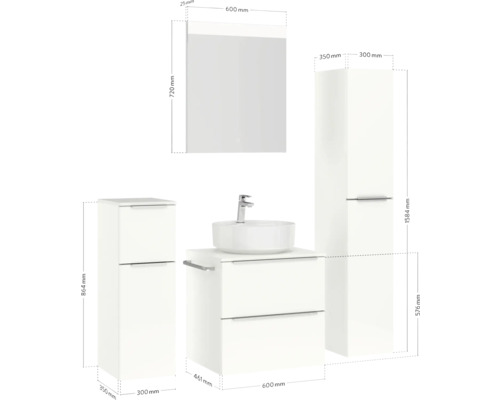Ensemble de salle de bains avec meuble-lavabo, vasque à poser, armoire de toilette et armoire haute avec dimensions