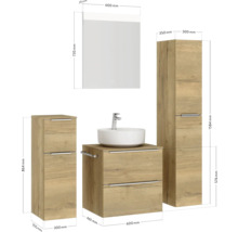 Badmöbelset mit Waschtisch, Waschbecken, Spiegelschrank und Hochschrank mit Maßangaben