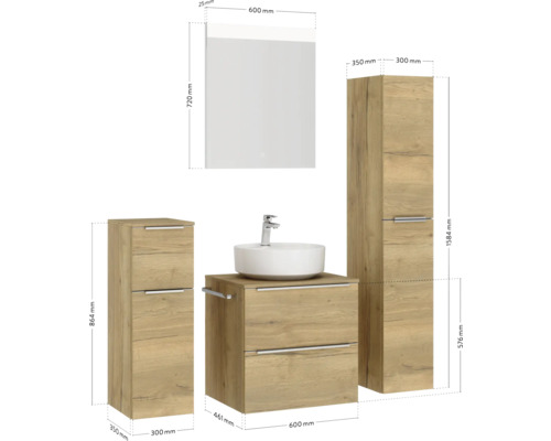 Ensemble de meubles de salle de bains avec meuble sous-lavabo, lavabo, armoire de toilette et armoire haute avec dimensions
