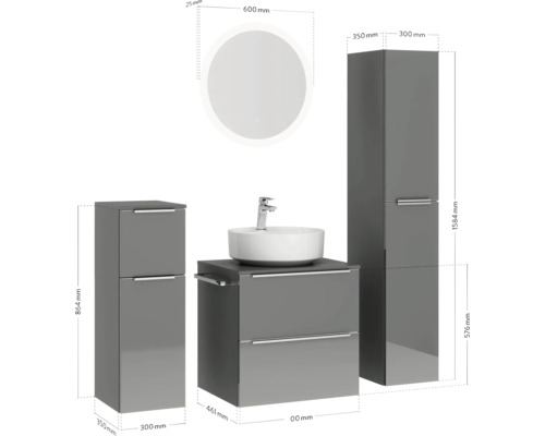 Badezimmerensemble mit Waschtisch, Aufsatzwaschbecken, Spiegelschrank und Seitenschrank mit Maßangaben