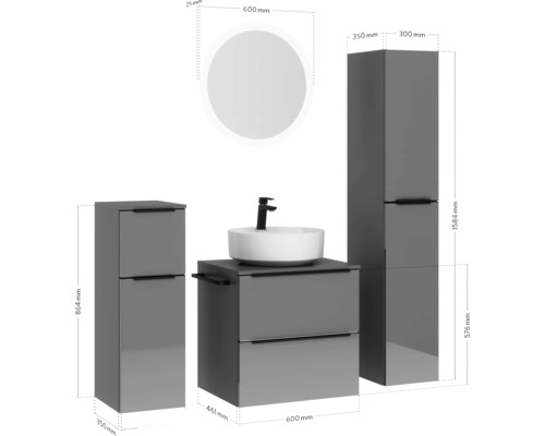 Ensemble de salle de bains avec lavabo, meuble sous-lavabo, armoire de toilette et armoire haute