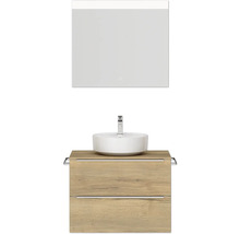 Badmöbel-Set NOBILIA Programm 3 BxHxT 81 x 169,1 x 48,7 cm Frontfarbe eiche natur mit Aufsatz-Waschtisch weiß und Spiegel mit LED-Beleuchtung Griffleiste chrom matt 390