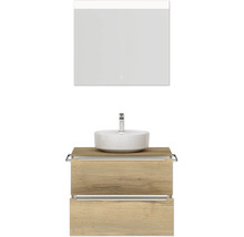 Badmöbel-Set NOBILIA Programm 3 BxHxT 81 x 169,1 x 48,7 cm Frontfarbe eiche natur mit Aufsatz-Waschtisch weiß und Spiegel mit LED-Beleuchtung Griffleiste chrom matt 390