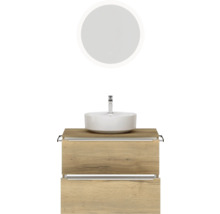 Badmöbel-Set NOBILIA Programm 3 BxHxT 81 x 169,1 x 48,7 cm Frontfarbe eiche natur mit Aufsatz-Waschtisch weiß und Spiegel rund mit LED-Beleuchtung Griffleiste chrom matt 406