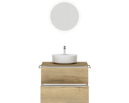 Ensemble de meuble-lavabo avec miroir rond, vasque à poser et meuble bas en bois