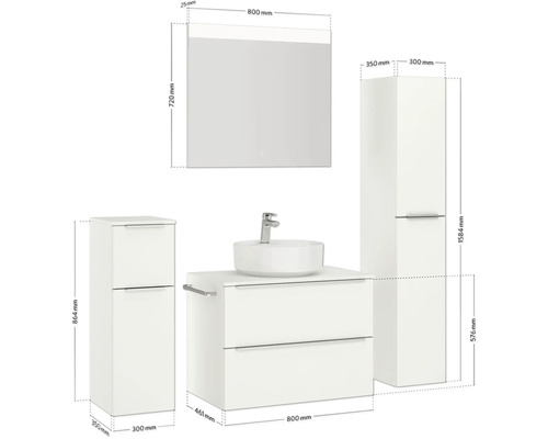 Ensemble de meubles de salle de bains avec meuble-lavabo, lavabo, armoire de toilette et deux armoires hautes