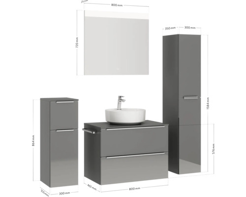 Badezimmer-Set mit Waschbecken, Unterschrank, Spiegelschrank und Hochschränken