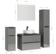 Graues Badezimmerset mit Waschtisch, Waschtischunterschrank, Spiegelschrank und Hochschrank mit Maßangaben