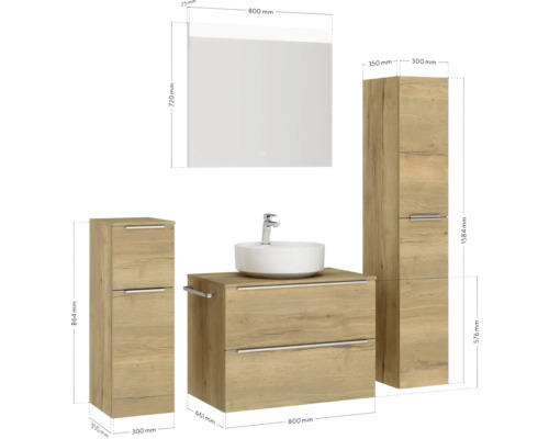 Ensemble de meubles de salle de bains avec meuble-lavabo, lavabo, armoire de toilette et armoires hautes