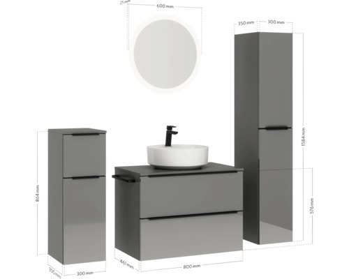 Badezimmerensemble mit Waschtisch, Aufsatzwaschbecken, Spiegelschrank und Hochschrank mit Maßangaben