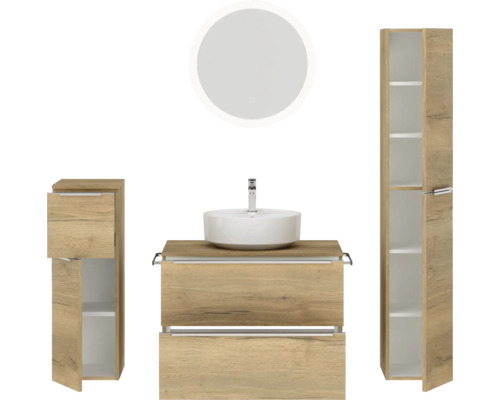 Badezimmerset mit Waschtisch, Aufsatzwaschbecken, Spiegelschrank und Hochschrank