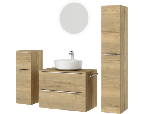 Badezimmer-Set mit Waschtisch, Waschbecken, Spiegelschrank und Hochschrank im Holzdekor