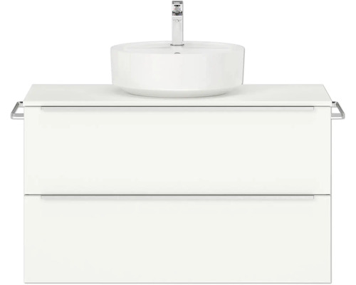 Set de meubles de salle de bains NOBILIA Programm 3 lxhxp 101 x 59,1 x 48,7 cm couleur de façade blanc haute brillance avec vasque à poser poignée barre chrome mat 432
