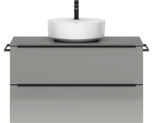 Badmöbel-Set NOBILIA Programm 3 BxHxT 101 x 59,1 x 48,7 cm Frontfarbe grau hochglanz mit Aufsatz-Waschbecken Griffleiste schwarz 437