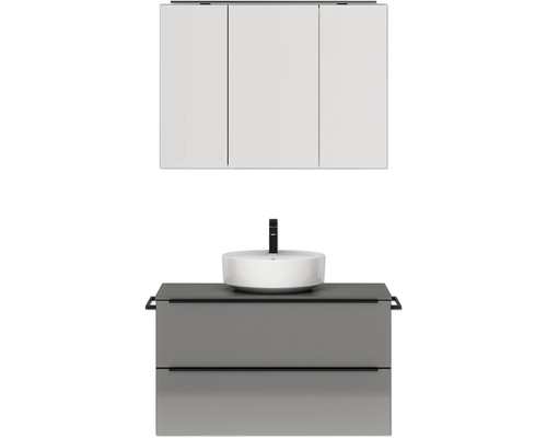 Badmöbel-Set NOBILIA Programm 3 BxHxT 101 x 169,1 x 48,7 cm Frontfarbe grau hochglanz mit Aufsatz-Waschtisch und Spiegelschrank 3-türig mit LED-Beleuchtung Griffleiste schwarz 453
