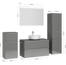 Badmöbel-Set NOBILIA Programm 3 BxHxT 210 x 169,1 x 48,7 cm Frontfarbe grau hochglanz mit Aufsatz-Waschtisch weiß und Spiegel mit LED-Beleuchtung Midischrank Unterschrank Griffleiste chrom matt 468