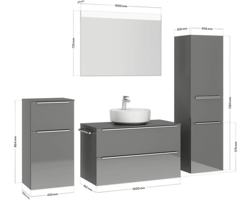 Badezimmerensemble mit Waschbecken, Unterschrank, Spiegelschrank und Hochschrank mit Maßangaben