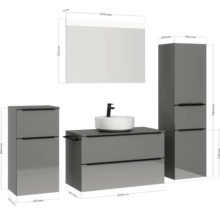 Badmöbel-Set NOBILIA Programm 3 BxHxT 210 x 169,1 x 48,7 cm Frontfarbe grau hochglanz mit Aufsatz-Waschtisch weiß und Spiegel mit LED-Beleuchtung Midischrank Unterschrank Griffleiste schwarz 469