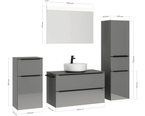 Ensemble de salle de bains avec lavabo, miroir et armoire avec dimensions