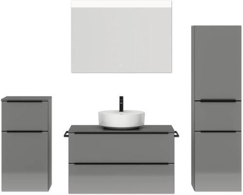 Set de meubles de salle de bains NOBILIA Programm 3 lxhxp 210 x 169,1 x 48,7 cm couleur de façade gris haute brillance avec vasque à poser et armoire de toilette à 3 portes avec éclairage LED meuble bas armoire midi poignée barre noir 477