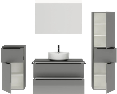Badezimmer-Set mit Waschbecken, Unterschrank, Spiegelschrank und Hochschrank