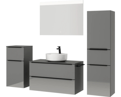 Modernes Badezimmerset mit Waschtisch, Aufsatzwaschbecken, Spiegelschrank und Hochschrank für eine stilvolle Badezimmergestaltung.