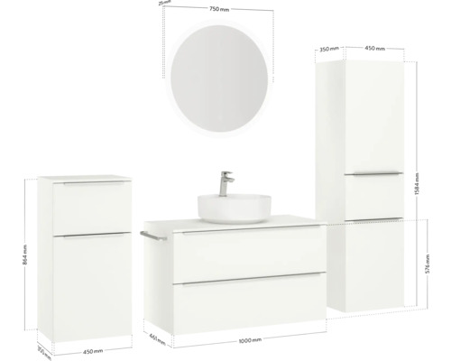 Ensemble de salle de bains avec meuble-lavabo, vasque à poser, armoire de toilette et armoire latérale avec dimensions