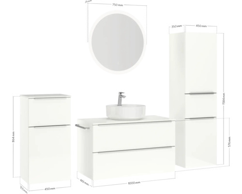 Ensemble de salle de bains avec lavabo, miroir et armoire haute