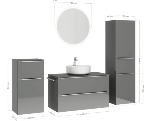 Badezimmermöbel Set mit Waschtisch, Aufsatzwaschbecken, Spiegelschrank und Seitenschrank mit Maßangaben