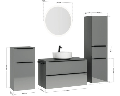 Badezimmerensemble mit Waschtischunterschrank, Waschbecken, Spiegelschrank und Hochschrank mit Maßangaben