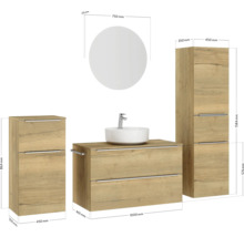 Badmöbel-Set NOBILIA Programm 3 BxHxT 210 x 169,1 x 48,7 cm Frontfarbe eiche natur mit Aufsatz-Waschtisch weiß und Spiegel rund mit LED-Beleuchtung Midischrank Unterschrank Griffleiste chrom matt 486