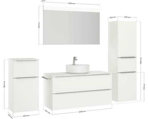 Badezimmer mit Waschtisch, Spiegel und Hochschrank mit Maßangaben