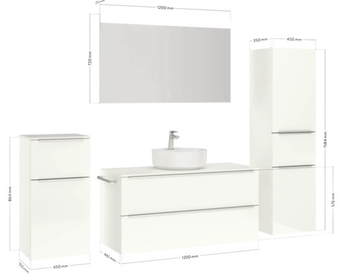 Ensemble de salle de bains avec meuble sous-lavabo, vasque à poser, armoire de toilette et armoires hautes avec dimensions