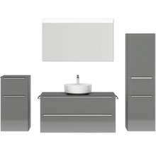 Badmöbel-Set NOBILIA Programm 3 BxHxT 230 x 169,1 x 48,7 cm Frontfarbe grau hochglanz mit Aufsatz-Waschtisch weiß und Spiegel mit LED-Beleuchtung Midischrank Unterschrank Griffleiste chrom matt 524