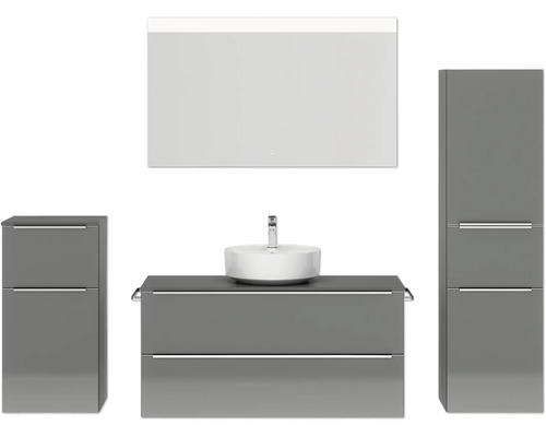 Badmöbel-Set NOBILIA Programm 3 BxHxT 230 x 169,1 x 48,7 cm Frontfarbe grau hochglanz mit Aufsatz-Waschtisch weiß und Spiegel mit LED-Beleuchtung Midischrank Unterschrank Griffleiste chrom matt 524 Badezimmerensemble mit Waschtisch, Spiegel und Hochschränken