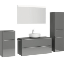 Badmöbel-Set NOBILIA Programm 3 BxHxT 230 x 169,1 x 48,7 cm Frontfarbe grau hochglanz mit Aufsatz-Waschtisch weiß und Spiegel mit LED-Beleuchtung Midischrank Unterschrank Griffleiste chrom matt 524