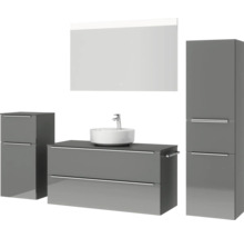 Graues Badezimmer-Set mit Waschtisch, Waschbecken, Spiegelschrank und Hochschrank