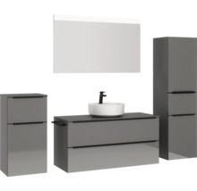 Badmöbel-Set NOBILIA Programm 3 BxHxT 230 x 169,1 x 48,7 cm Frontfarbe grau hochglanz mit Aufsatz-Waschtisch weiß und Spiegel mit LED-Beleuchtung Midischrank Unterschrank Griffleiste schwarz 525