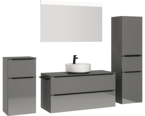 Ensemble de salle de bains avec lavabo, meuble sous-lavabo, armoire latérale et miroir