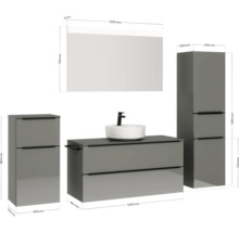 Badmöbel-Set NOBILIA Programm 3 BxHxT 230 x 169,1 x 48,7 cm Frontfarbe grau hochglanz mit Aufsatz-Waschtisch weiß und Spiegel mit LED-Beleuchtung Midischrank Unterschrank Griffleiste schwarz 525