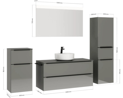 Ensemble de salle de bains avec meuble sous-lavabo, lavabo, armoire de toilette et armoires hautes avec dimensions