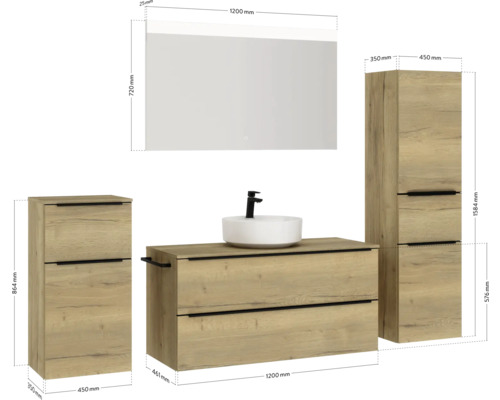 Badezimmer-Set mit Waschtischunterschrank, Aufsatzwaschbecken, Spiegelschrank mit Beleuchtung und Hochschrank mit den entsprechenden Massangaben