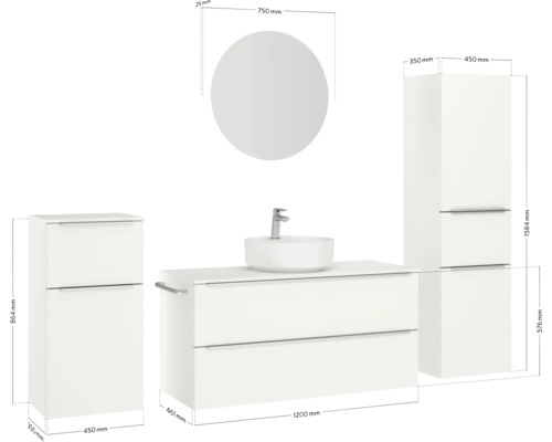 Ensemble de salle de bains avec meuble sous-lavabo, lavabo, armoire de toilette et armoire haute