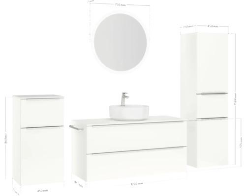 Salle de bains avec meuble-lavabo, lavabo à poser, armoire de toilette et armoire haute avec dimensions