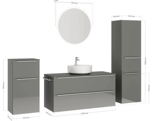 Badezimmerensemble mit Waschtischunterschrank, Aufsatzwaschbecken, Spiegelschrank und Hochschrank mit Maßangaben