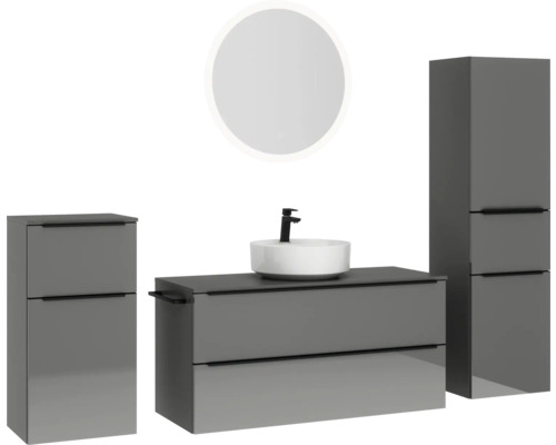 Badezimmer-Set mit Waschtisch, Waschbecken, Spiegelschrank und Hochschrank